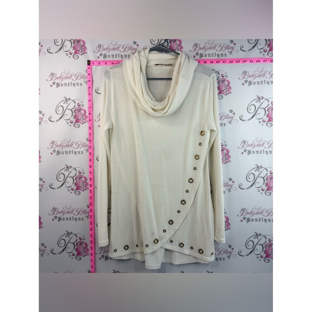 Belldini sweater white Cowl Neck Button-Accent Tunic Sweater - Cream gold button